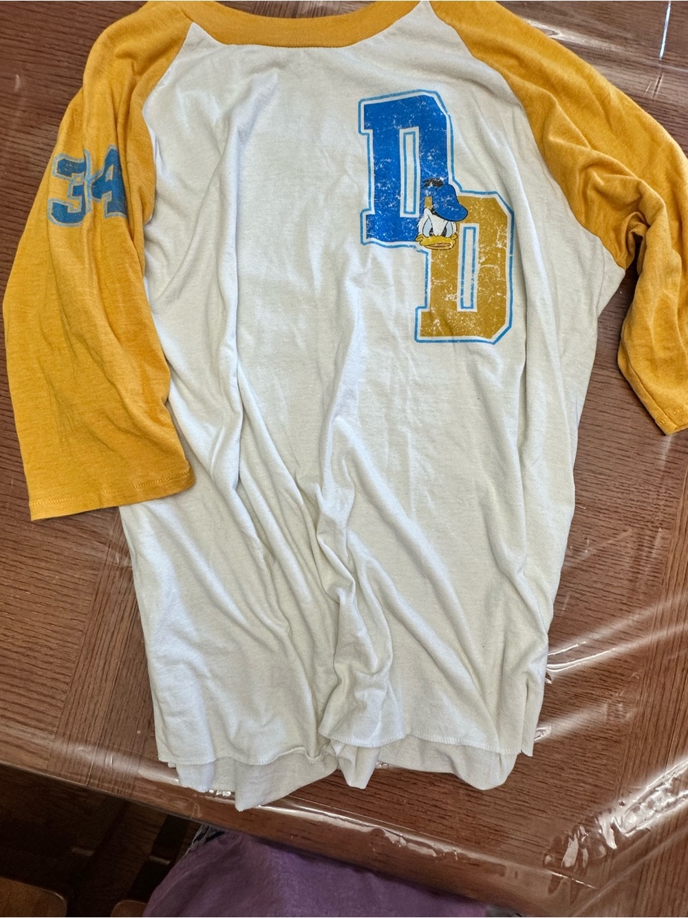 Disney White & Yellow Raglan Baseball Tee with Blue Graphic